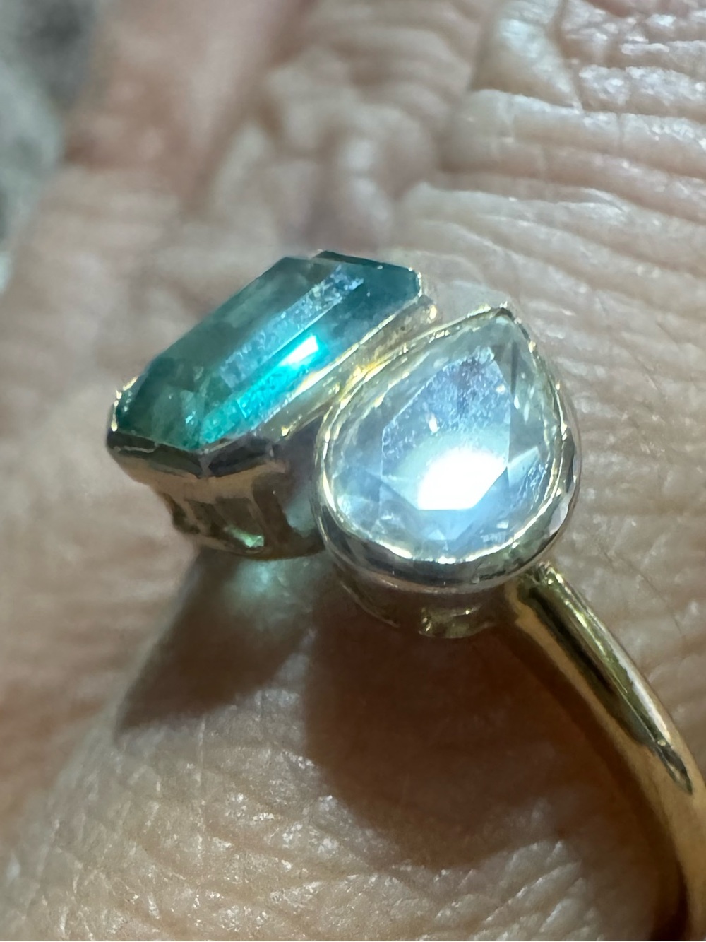 14K Yellow Gold Natural Emerald & Pear Cut Diamond Toi Et Moi Ring Size 6.5 - Picture 4 of 14